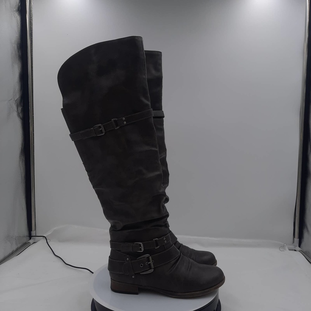 Just Fab Catlia GrayBrown Strappy Buckle inside zip knee high riding boots 7